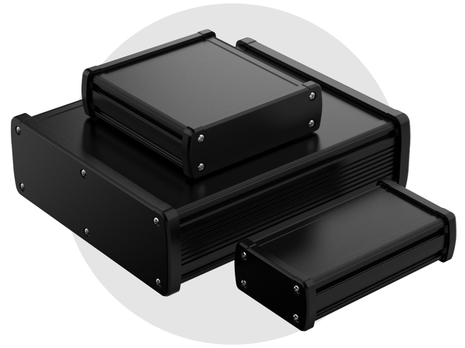 black extruded aluminum enclosure with removable end caps