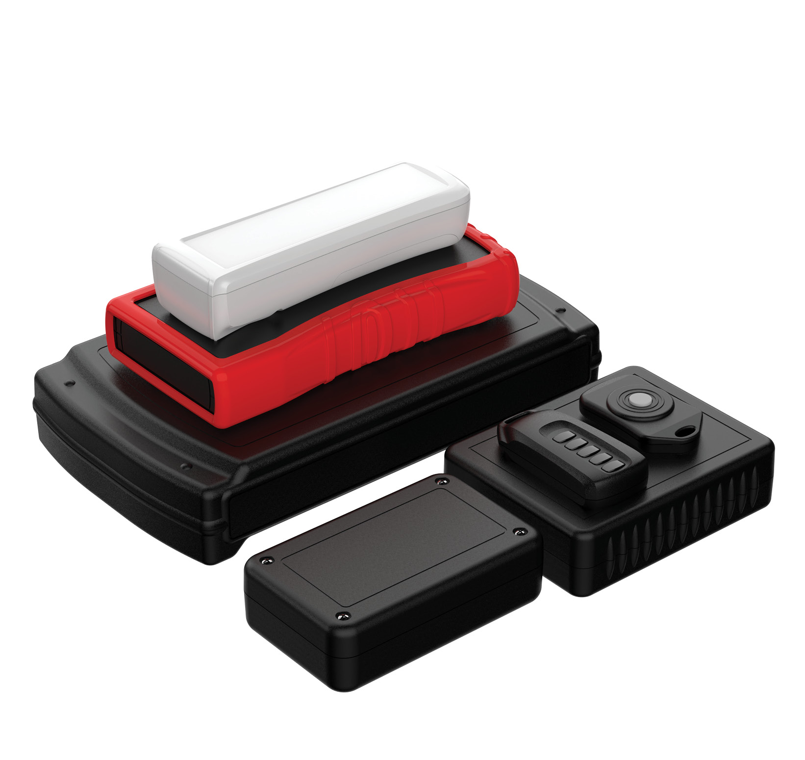 Red silicone boot covering black plastic handheld enclosure