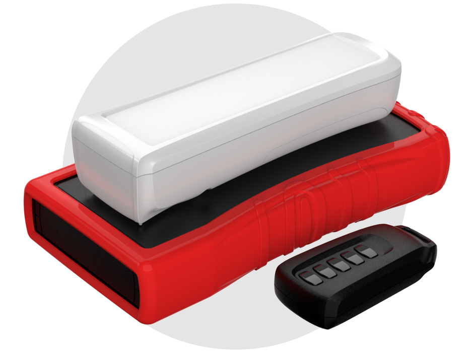 Red silicone boot covering black plastic handheld enclosure