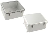 Gray hinged electrical enclosure with Mounting Feet and Stainless Steel Latch