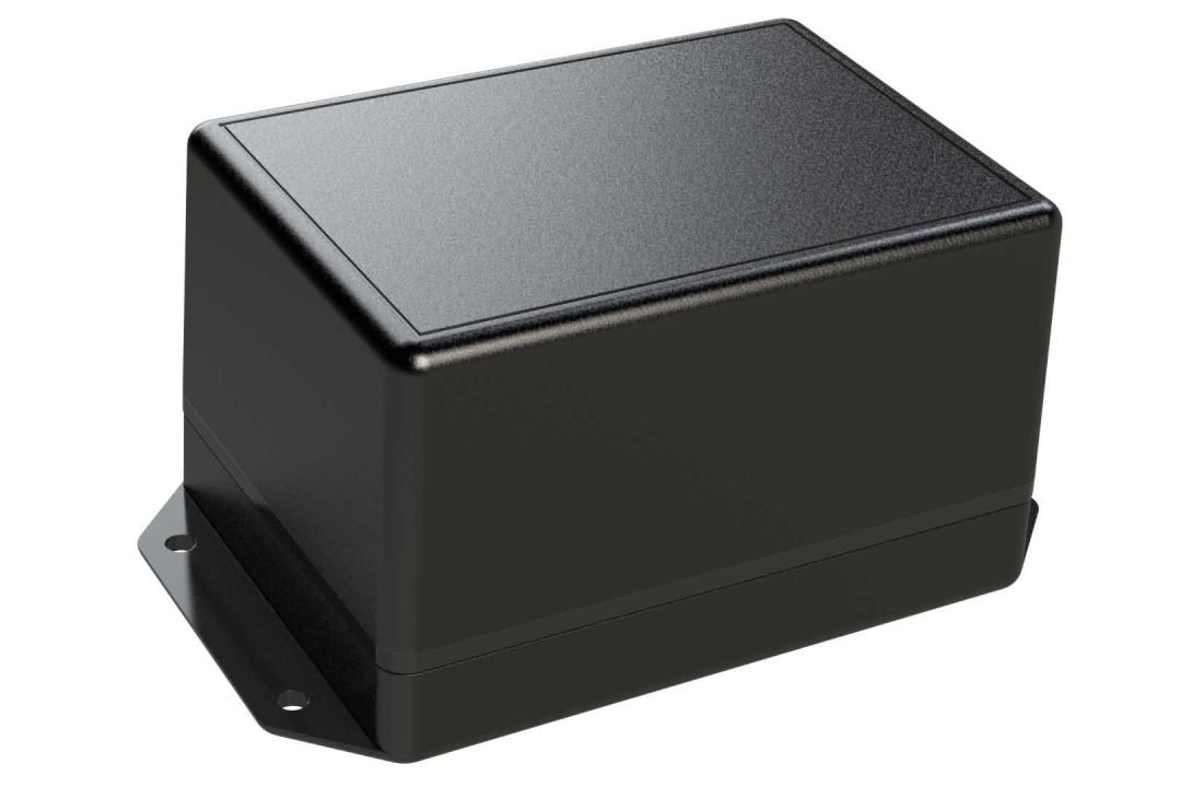 ID-3420FMB Black indoor plastic enclosure for electronics with molded on flanges for surface mounting - 4.38 x 3.13 x 2.7 inches