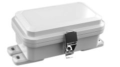 Gray electrical enclosure with plastic mounting feet