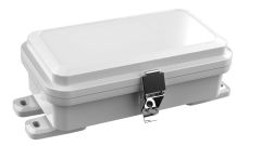 Gray electrical enclosure with plastic mounting feet