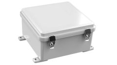 Gray electrical enclosure with plastic mounting feet