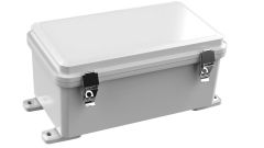 Gray electrical enclosure with plastic mounting feet
