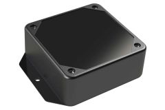 LP-41FMBR Black indoor PCB enclosure with flanges for surface mount applications and a Recessed/Smooth cover style - 3.29 x 3.29 x 1.25 inches