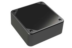 LP-41PMBR Black basic indoor plastic box for electronics with internal PCB mounting bosses and a Recessed/Smooth cover style - 3.29 x 3.29 x 1.25 inches