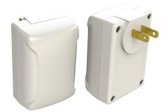 white wall plug in plastic enclosure for electronics with 2 prongs and no tab