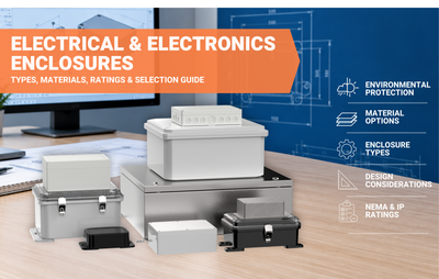 Engineering workstation displaying CAD drawings and technical blueprints for electrical and electronics enclosure design